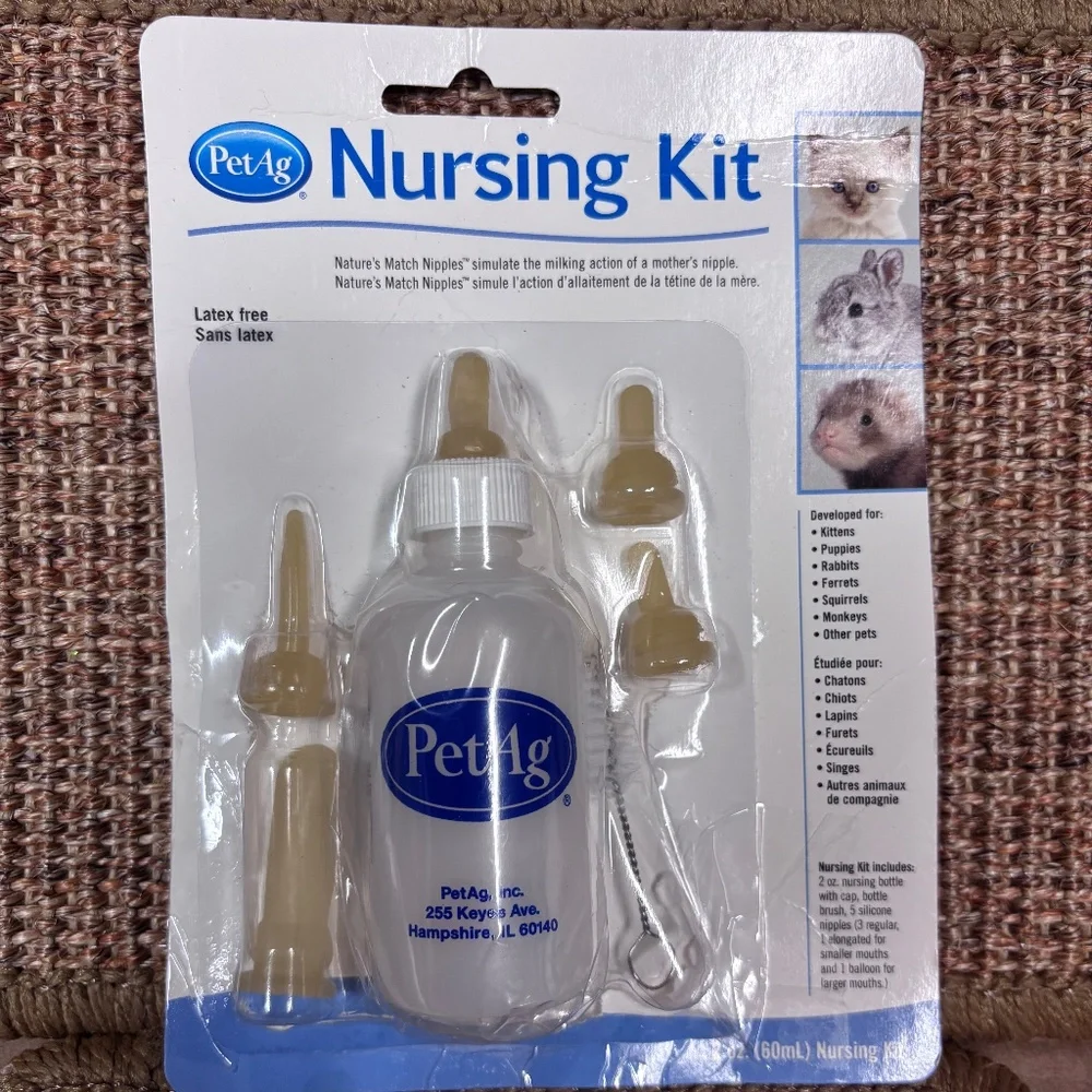 PetAg newborn nursing kit, latex free, 5 nipples, 2 oz bottle, bottle brush